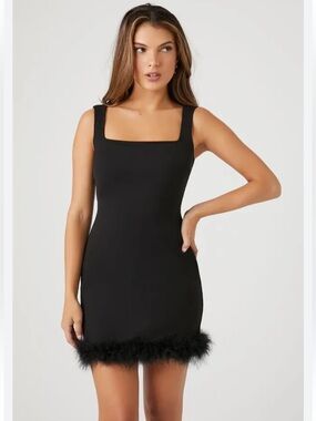 Black Square Neck Mini Dress with Feather Hem